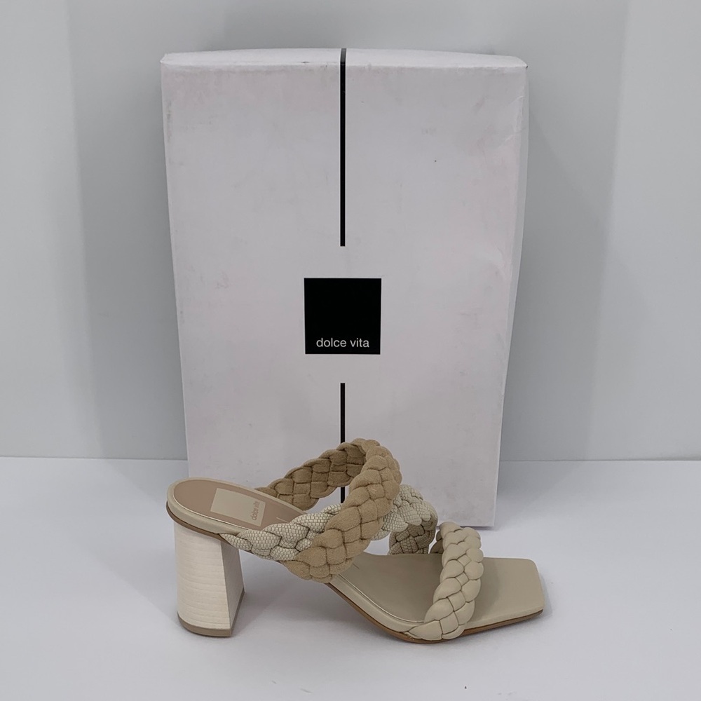 Dolce Vita Partha strappy slide sandals heel ivory tan braided diagonal new 7.5